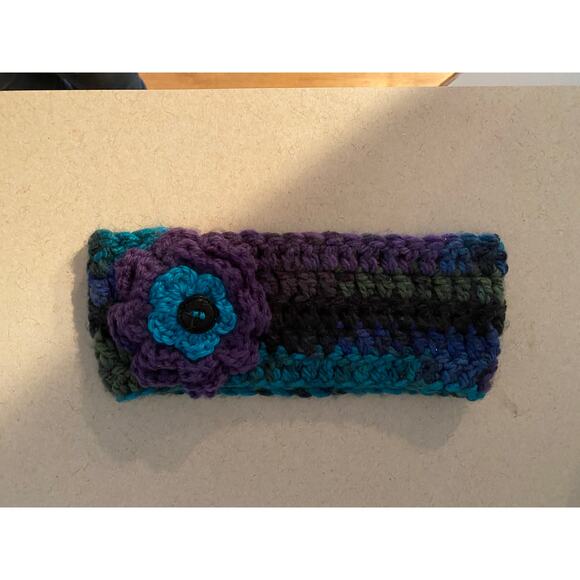Handknit Yarn Headband with Flower Blue Purple Gray Youth Girls - Picture 6 of 7